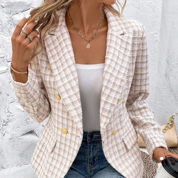 Apricot Elegant Womens Plaid Pattern Double Breasted Flap Detail Blazer - Picture 4 of 5